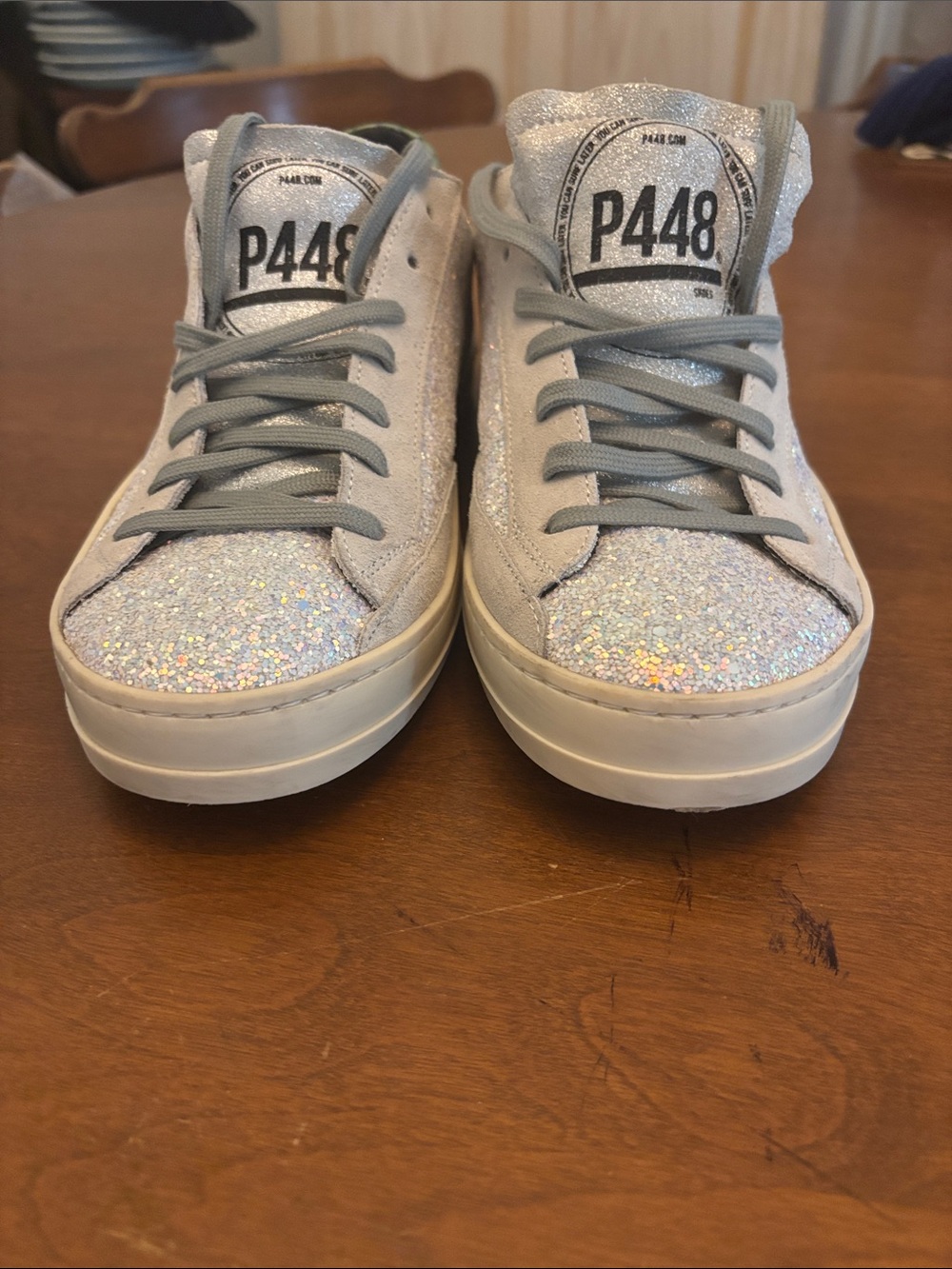 P448 John Iridescent White Glitter Low Top Sneakers Green Croc Size 40 - Picture 2 of 11